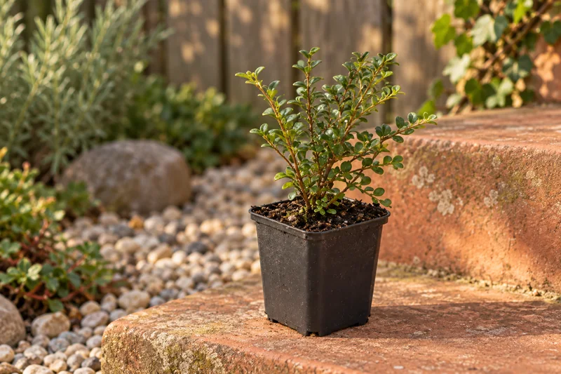 Junge Fächerzwergmispel mit kleinen grünen Blättern im schwarzen Anzuchttopf auf einer Terrakotta-Gartenstufe