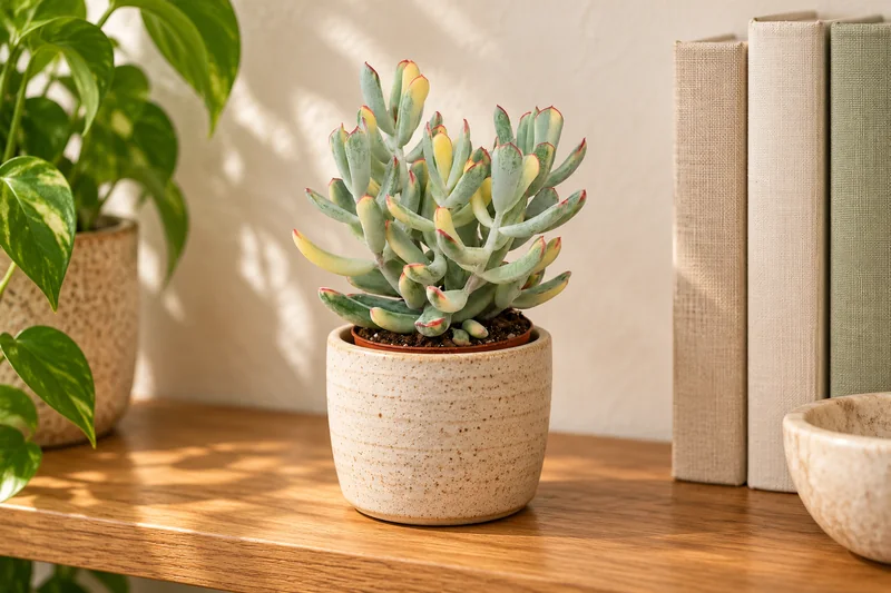 Kleine panaschierte Cotyledon orbiculata mit hellen fleischigen rot gerandeten Blättern im sandfarbenen Übertopf vor unbeschrifteten Leinenbüchern