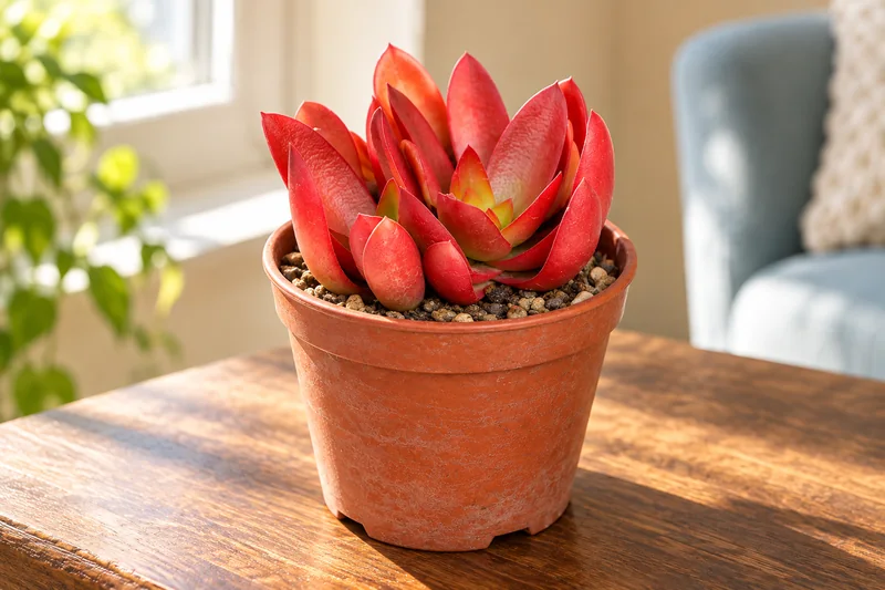 KI-Beispielszene einer kompakten Crassula Campfire mit glatten roten Blättern und grünem Zentrum im Terrakottatopf auf einem hellen Holztisch