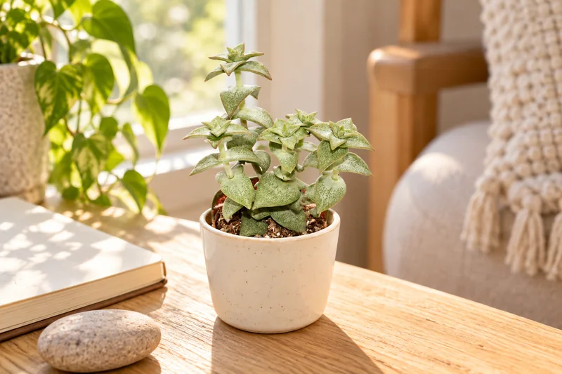 Winzige Crassula perforata mit versetzten fleischigen Blattpaaren in einem kleinen hellen Übertopf