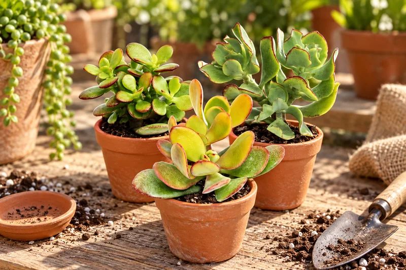Drei kleine Crassula mit unterschiedlichen fleischigen Blattgestalten in winzigen Terrakottatöpfen auf einem hellen Pflanztisch, KI-Szene