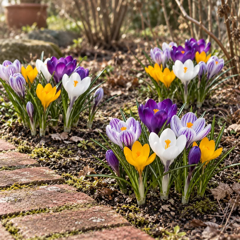 Großblumige violette, weiße, gelbe und weiß-violett gestreifte Krokusbecher mit schmalen Blättern am Ziegelweg in KI-gestalteter späterer Gartenszene