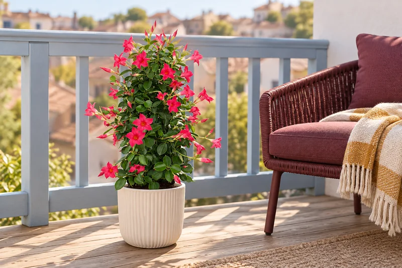 Mandevilla · rosa Pyramidenform in einer KI-gestalteten Szene nach dem Original-Shopbild