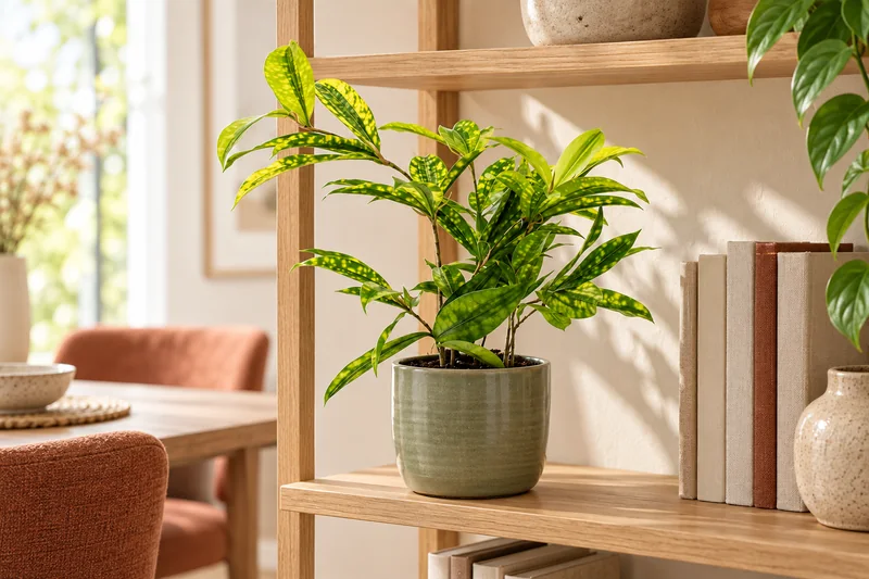 Junge Dracaena surculosa mit ovalen gelbgrün getupften Blättern und feinen verzweigten Trieben auf einem hellen offenen Bücherregal in einer KI-Szene