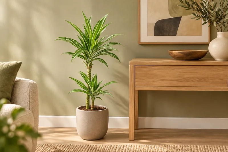 Ein einzelner Drachenbaum White Stripe mit schmalen hellen Längslinien auf grünen Blättern neben einer hellen Holzkonsole, KI-Szene