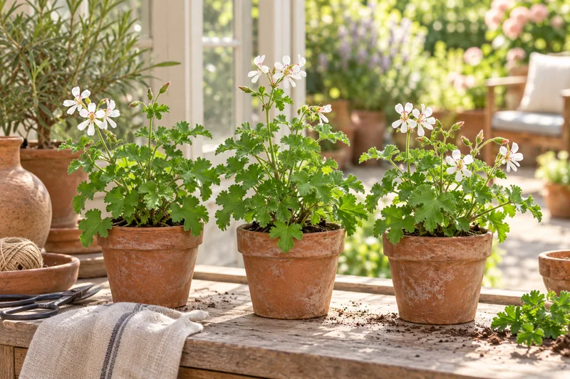 KI-gestaltete Gartenszene mit Pelargonium · duftende Hybridauswahl in den Proportionen der jungen Sortimentspflanzen