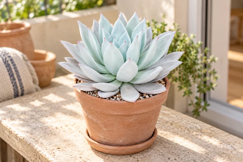 Weißbereifte spitzblättrige Echeveria Mexican Giant im Terrakottatopf auf einem hellen geschützten Balkonplatz