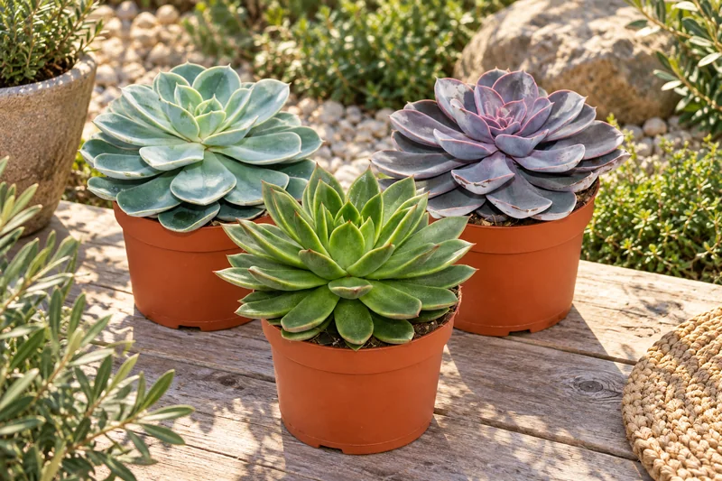 Drei Echeverien mit bläulicher, violett getönter und grüner Rosette in getrennten Terrakottatöpfen auf einem sommerlichen Garten-Pflanztisch, KI-Szene