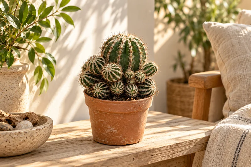 KI-gestaltete Wohnszene mit Echinopsis cv. haku-jo maru auf Basis der jungen Sortimentspflanze