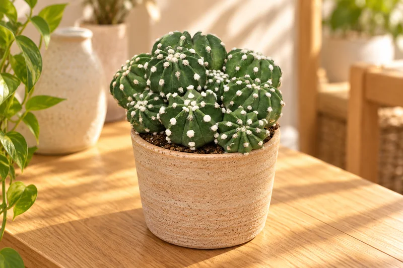 Gruppe kleiner gerippter grüner Echinopsis-Köpfe mit hellen Areolen im Keramikübertopf auf einem sonnigen Pflanztisch