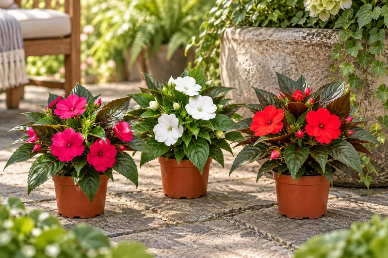 KI-gestaltete Gartenszene mit Impatiens New Guinea Group in den Proportionen der jungen Sortimentspflanzen