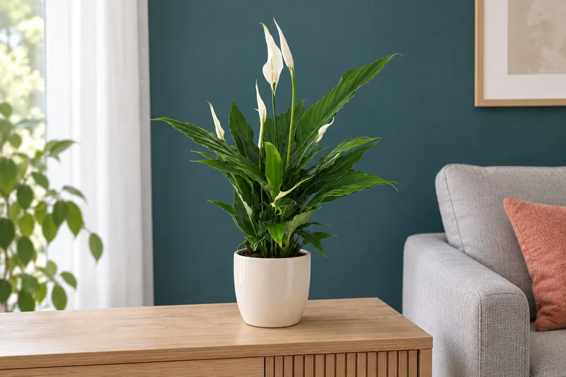 Spathiphyllum 'Sweet Chico' in einer KI-gestalteten Wohnszene nach dem Shopbild