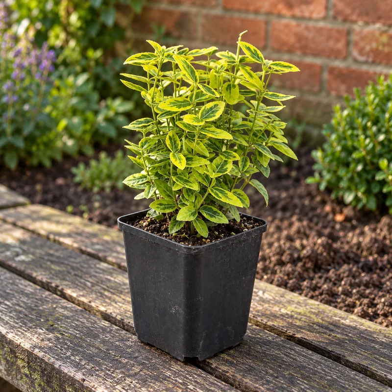 Kriechspindel Emerald Gold in KI-gestalteter Gartenansicht. Eine junge Einzelpflanze im schwarzen Kulturtopf auf einer Gartenbank.