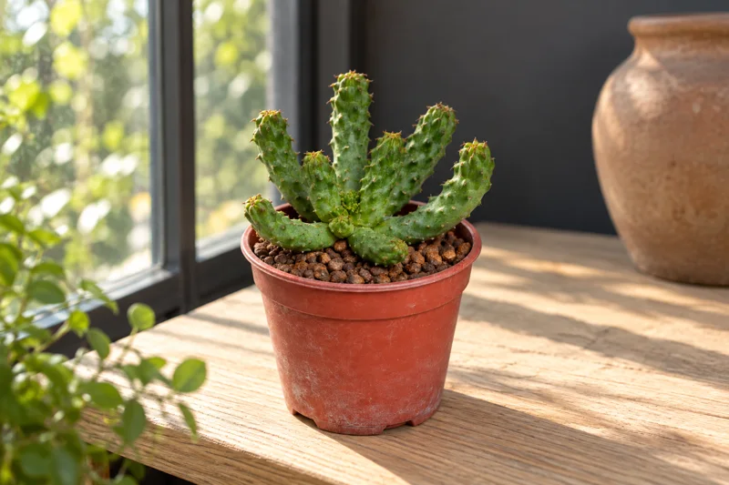 KI-gestaltete Beispielszene von Euphorbia inermis mit kompaktem grünem Körper und gebogenen Armen