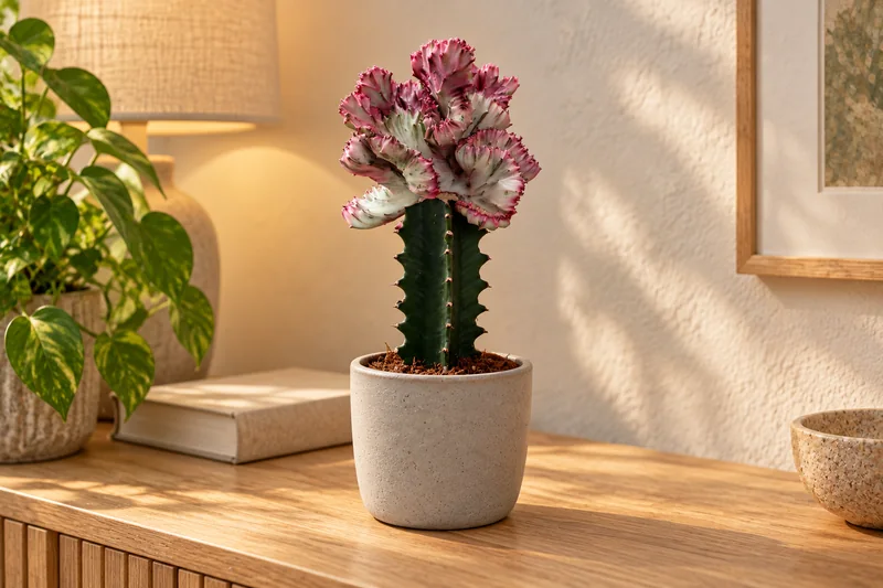 Gepfropfte Euphorbia lactea Cristata mit heller rosageränderter Fächerkrone im Wohnbereich