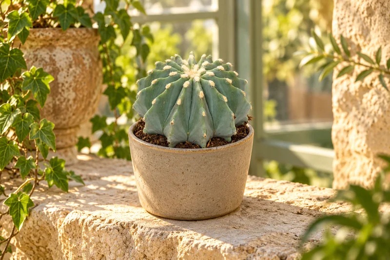 Dornenarmer blaugrüner Ferocactus mit hellen Areolen im kleinen Keramikübertopf auf einer sonnigen Steinablage