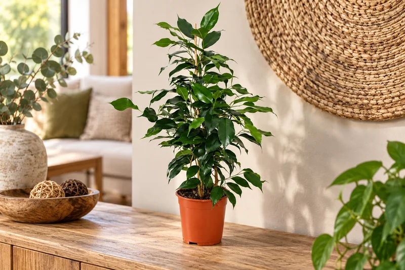 KI-gestaltete Wohnszene mit Ficus benjamina 'Danielle' in den Proportionen der jungen Sortimentspflanze