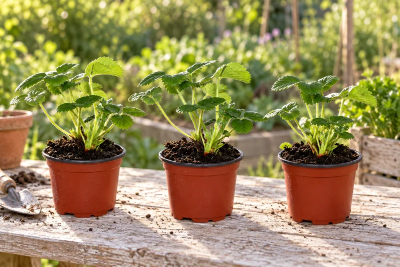 Drei junge grüne Erdbeerpflanzen mit dreiteiligen gezähnten Blättern in kleinen braunroten Kulturtöpfen auf einer Gartentischfläche; KI-gestaltete Szene