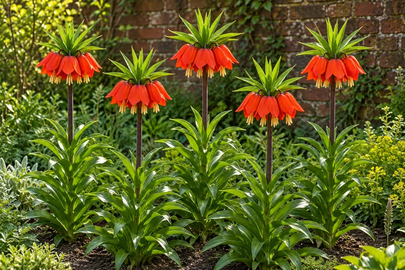 Kaiserkrone Rubra in einer passenden KI-gestalteten Gartenansicht. Beispiel einer später gewachsenen Kaiserkronengruppe, nicht der Zwiebel-Lieferzustand.