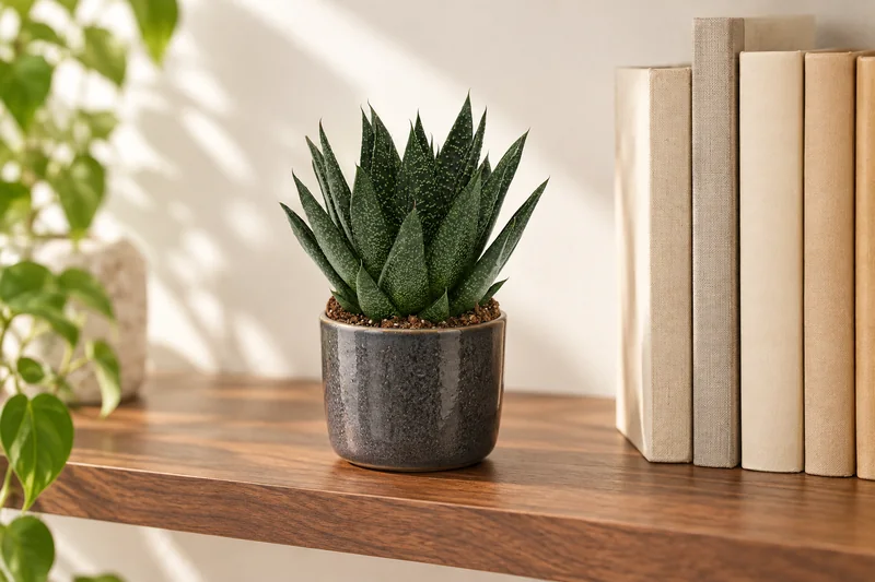 Kleine dunkelgrüne Gasteria D Due mit hellen Flecken auf einer hellen Holzregalablage neben unbeschrifteten Büchern, KI-Szene