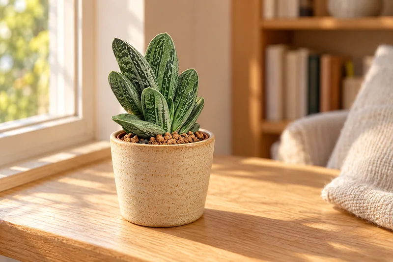 Kleine Gasteria ‘Little Warty’ mit hell gemusterten, fleischigen Blättern in einer KI-gestalteten Wohnraumszene