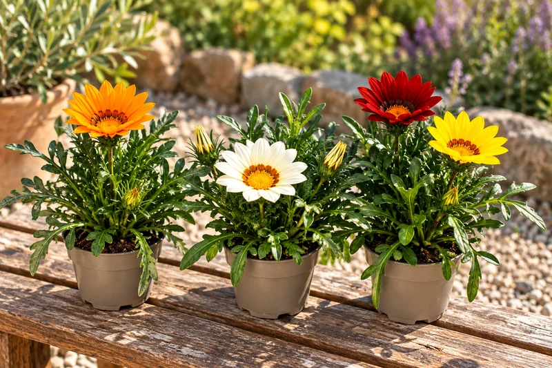 KI-gestaltete Gartenszene mit Gazania 'Big Kisses' · Sortimentsauswahl in den Proportionen der jungen Sortimentspflanzen