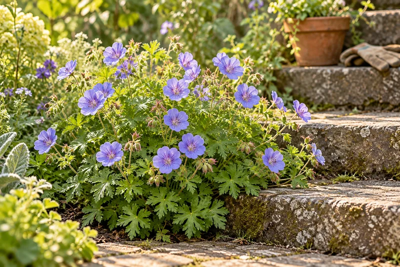 Später entwickelter Storchschnabel Johnson’s Blue mit lavendelblauen offenen Blüten und fein geteiltem grünem Laub an einer Gartentreppe