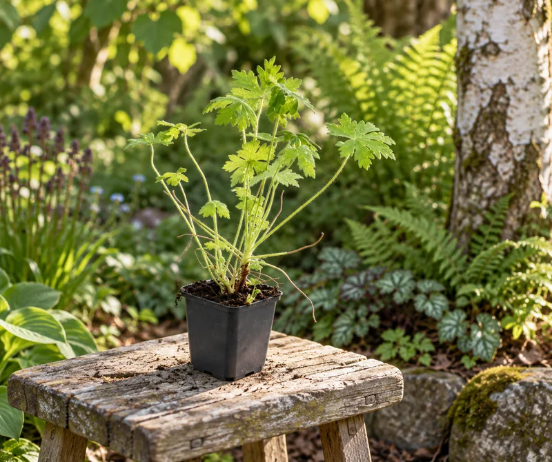 Felsen-Storchschnabel als kleine Jungpflanze im 9-cm-Topf an einem Gartenplatz