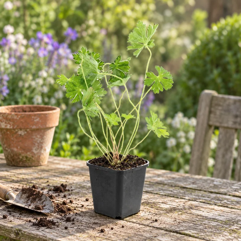 Storchschnabel Rozanne in KI-gestalteter Gartenansicht. Eine kleine unblühende Jungpflanze mit wenigen gelappten Blättern vor der Beetpflanzung.