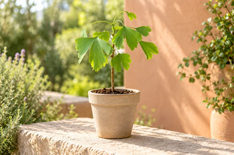 Junger Ginkgo mit schlankem Stamm und grünen Fächerblättern in einem hellen Gefäß auf einer sonnigen Gartenterrasse; KI-Szene
