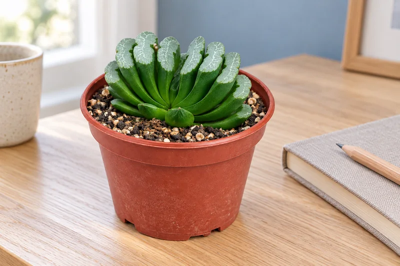 KI-gestaltete Beispielansicht von Haworthia truncata mit fleischigen grünen Blättern und abgeflachten hell gemusterten Blattenden
