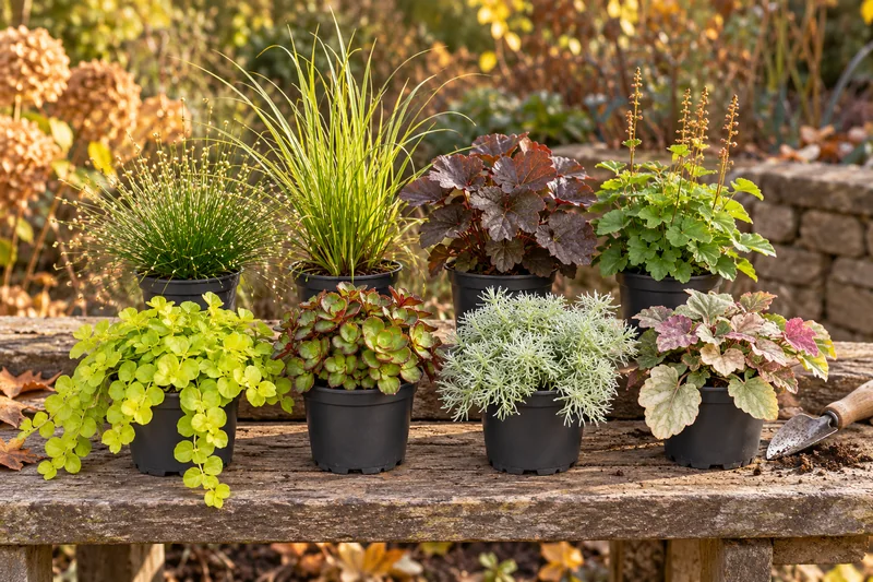 Acht junge unterschiedliche Herbststauden in getrennten kleinen Töpfen auf einem Garten-Pflanztisch, KI-Beispielszene