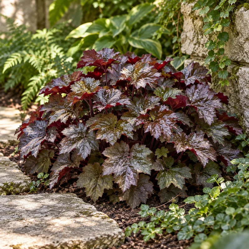 Purpurglöckchen Palace Purple mit bronzegrünen und purpurnen gelappten Blättern in einer warmen Gartenszene