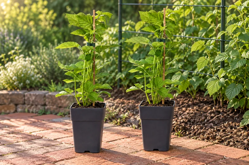 Schwarze Himbeere Black Jewel als zwei junge Pflanzen in schwarzen Kulturtöpfen an einem Gartenplatz; KI-gestaltet