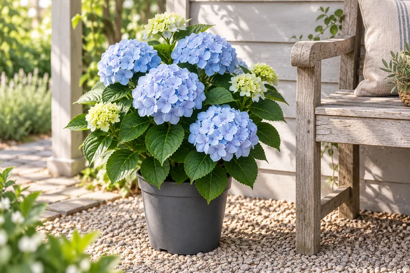 Blaue Ballhortensie mit großen grünen gesägten Blättern im grauen Kulturtopf neben einer Holzbank am lichten Außenplatz, KI-gestaltete Szene
