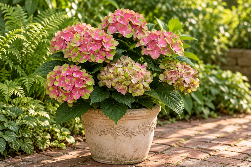 Hortensie Magical Greenfire in einer passenden KI-gestalteten Gartenansicht. Eine kompakte Pflanze mit beispielhaft entwickelten Blütenköpfen.