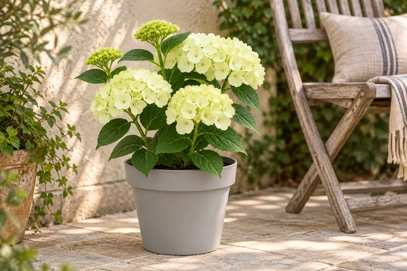 Hortensie Magical Noblesse mit Blütenständen an einem passenden Gartenplatz; KI-gestaltet