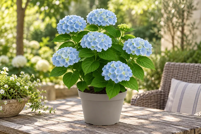 Hortensie Magical Revolution mit Blütenständen an einem passenden Gartenplatz; KI-gestaltet