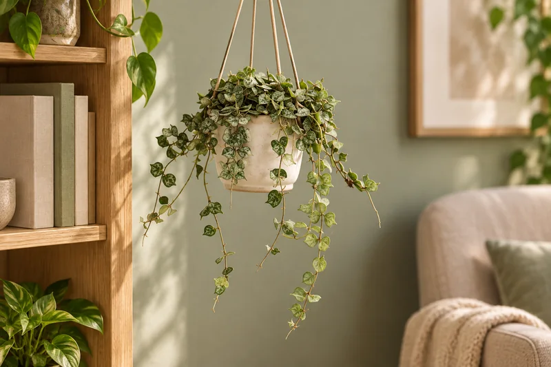 Hoya curtisii mit kleinen silbrig gesprenkelten Blättern in einer cremefarbenen Ampel vor einem offenen Bücherregal