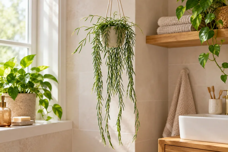 Hoya linearis mit weichen schmalblättrigen Ranken in einer cremefarbenen Ampel im hellen Badezimmer