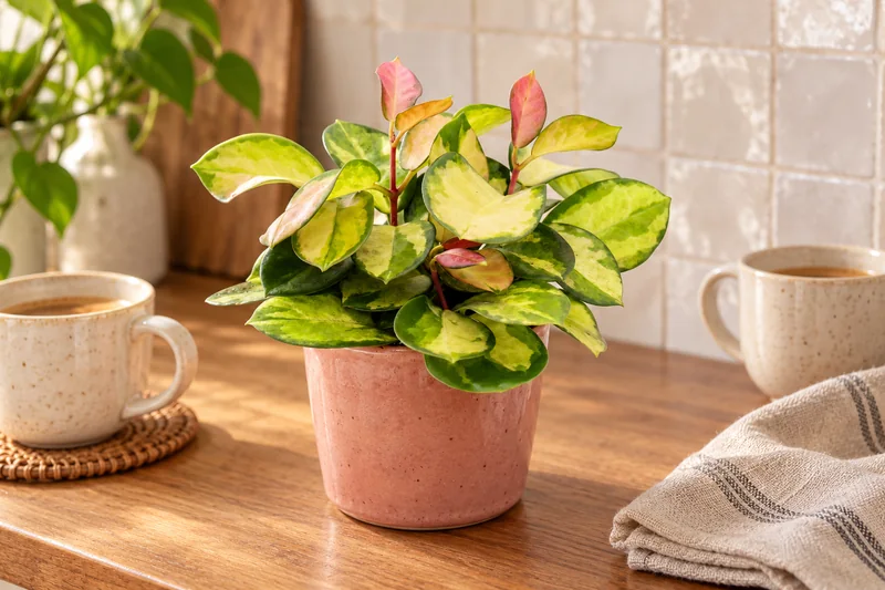 Kleine Porzellanblume Lisa mit cremegrünen Blättern und rosa Neuaustrieb im rosa Übertopf auf einem hellen Frühstückstisch