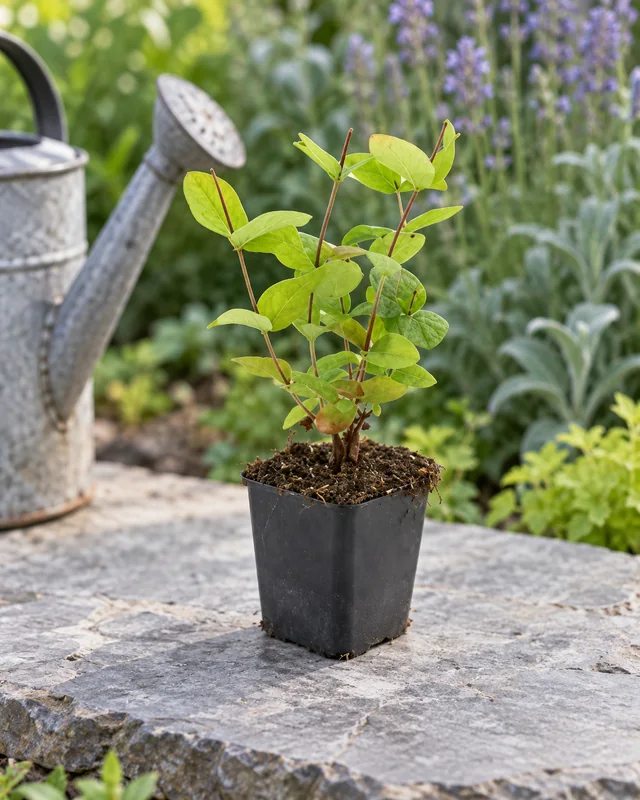 Johanniskraut Beauty als kleine Jungpflanze im 9-cm-Topf an einem Gartenplatz