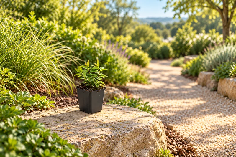 Junges Kelchiges Johanniskraut im kleinen schwarzen Anzuchttopf an einem sonnigen Gartenrand