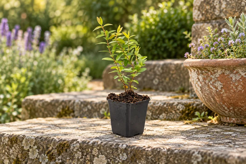 Johanniskraut Hidcote als einzelne junge Topfpflanze am Gartenplatz; KI-Szene