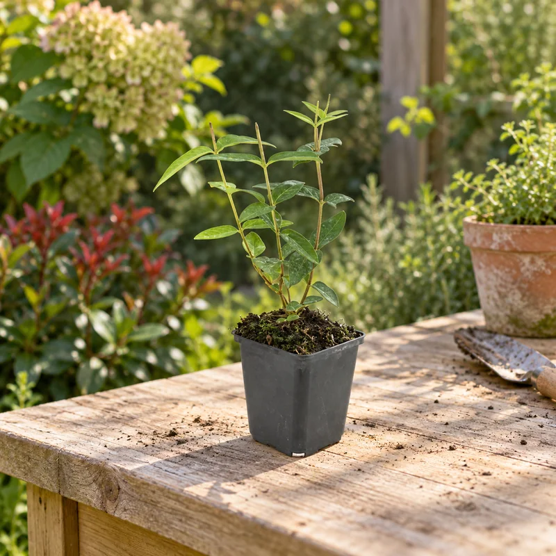 Duftloses Johanniskraut als kleine Jungpflanze im 9-cm-Topf an einem Gartenplatz