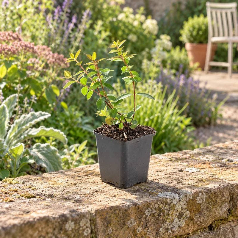 Johanniskraut Peter Dummer als kleine Jungpflanze im 9-cm-Topf an einem Gartenplatz