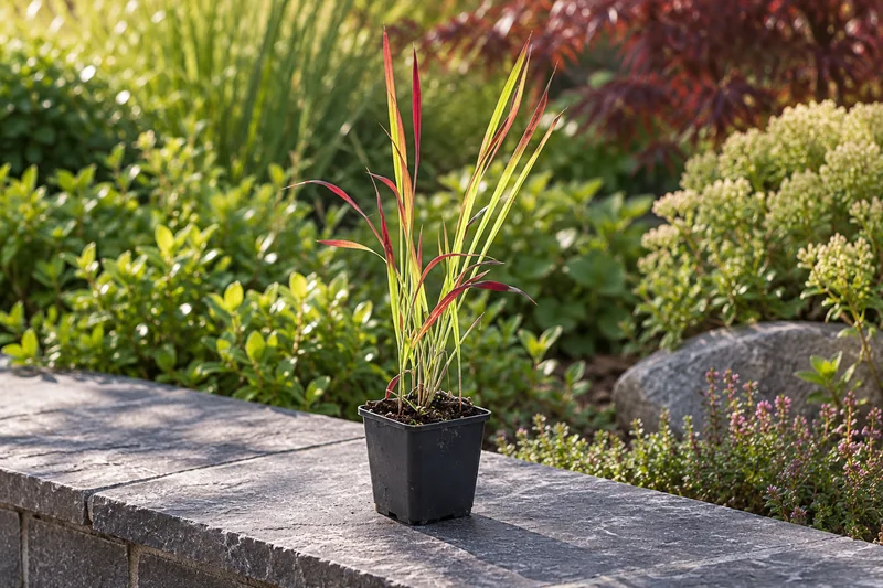 Japanisches Blutgras Red Baron als einzelne junge Pflanze im kleinen schwarzen Kulturtopf an einem Gartenplatz; KI-Szene