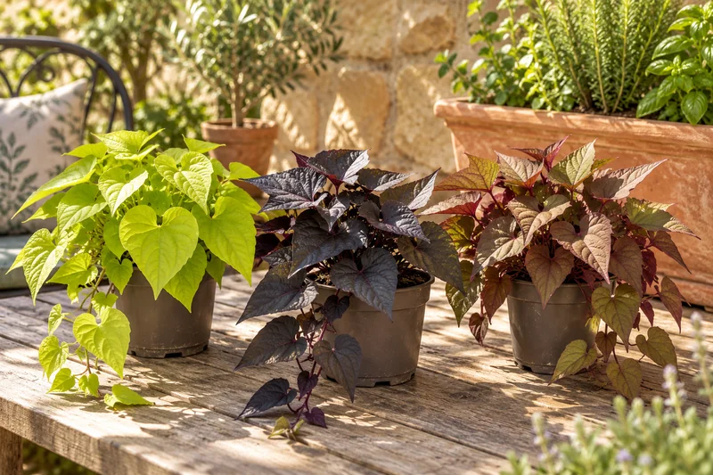 KI-gestaltete Gartenszene mit Ipomoea batatas · Zierblattauswahl in den Proportionen der jungen Sortimentspflanzen