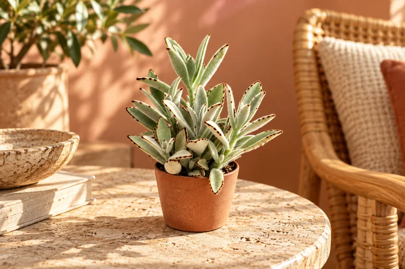 Kleine Kalanchoe tomentosa mit silbrig behaarten, braun gezeichneten Blättern auf einem hellen Beistelltisch in einer KI-Szene