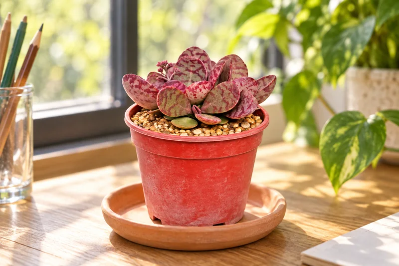 Kleine Kalanchoe mit runden olivgrauen weinrot gemusterten Blättern im roten Kulturtopf auf einem hellen Zeichentisch